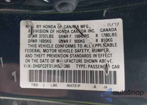 2018 Honda Civic Lx из США, поврежденный, VIN 2HGFC2F51JH508086